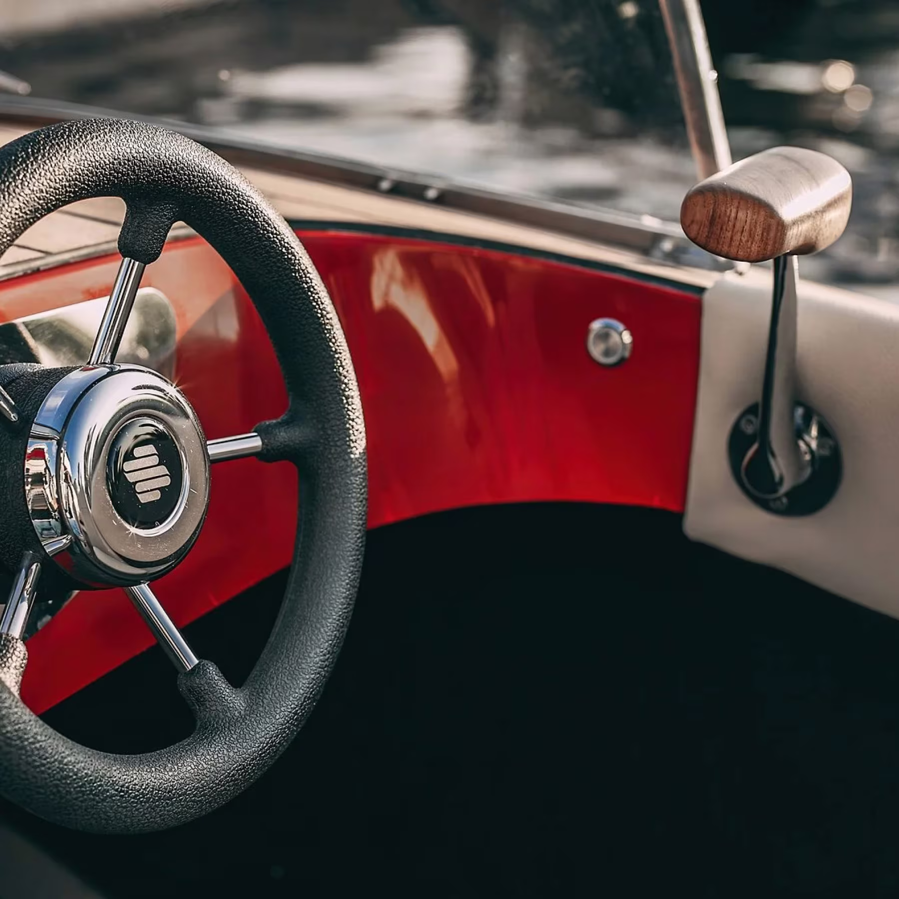 Cockpit detail: the steering wheel and throttle