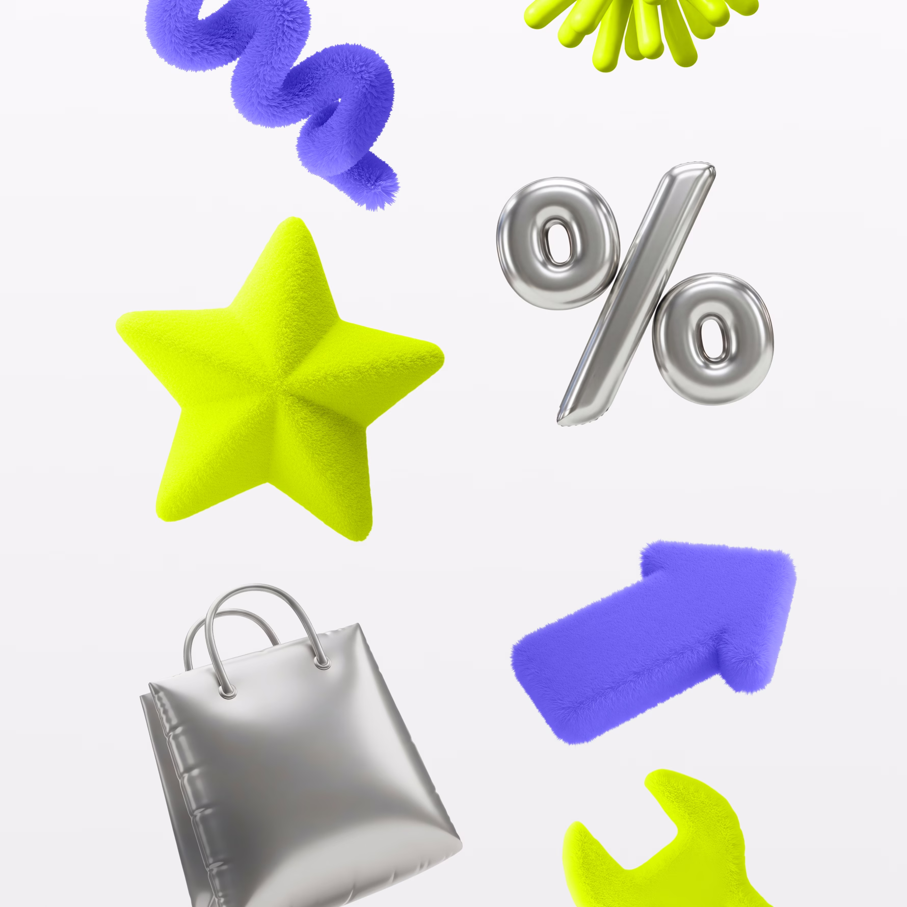 The Fluffies and Metallics set: star, spiral, percent, bag, wrench