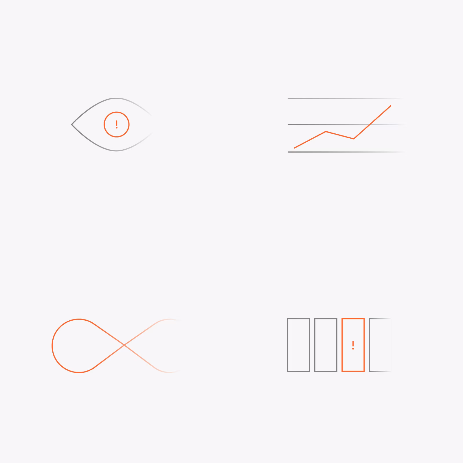 Four icons of the set: an eye, a rising line, a loop and a set of columns