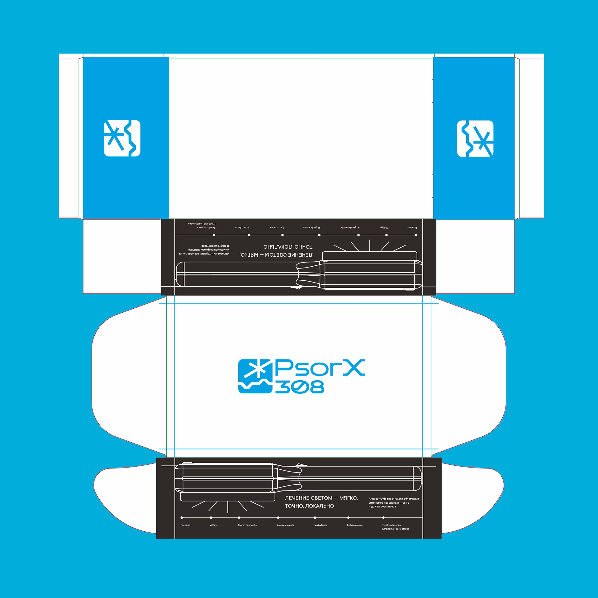 The packaging dieline with the logo and technical text